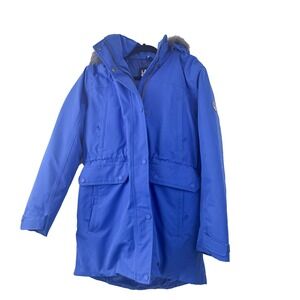 Lands End women's Blue Parka Jacket with Faux Fur Hood and Drawstring  Size M